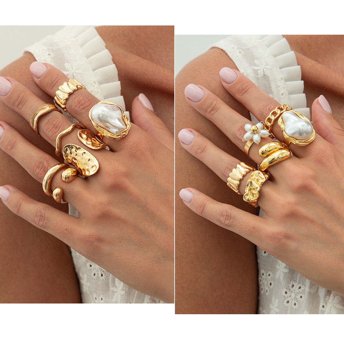 Baroque Vintage Irregular Wavy Hollow Pleated Flower Pearl Alloy Plated Ring Set for Women