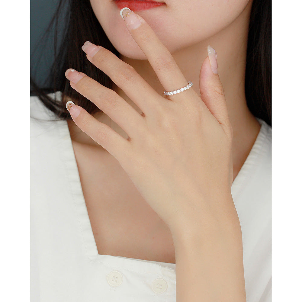 Minimalist Geometric Ring for Women in 925 Sterling Silver with Full Round Rhinestone Inlay