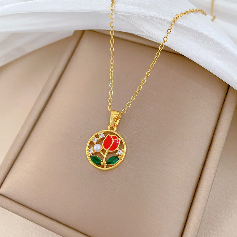 Sweet Elegant Drip Oil Geometric Moon Floral Rhinestone Titanium Steel Necklace for Women and Men