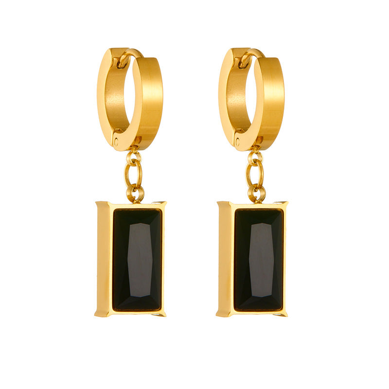 Vintage-Style Geometric Black Gemstone Pendant Stainless Steel Earrings for Women