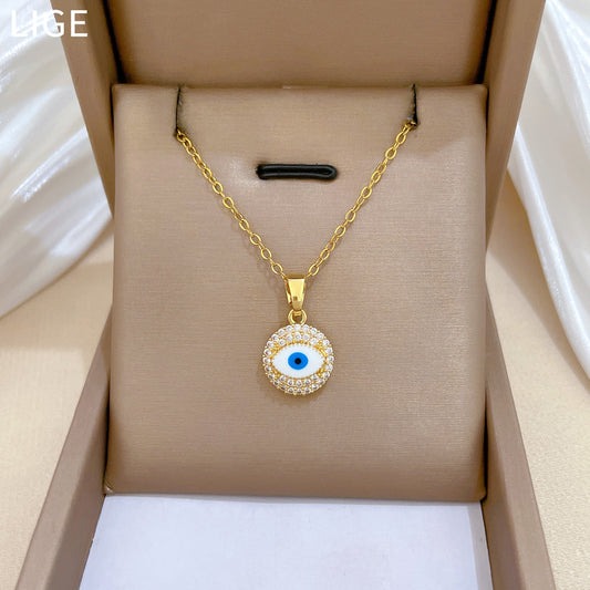 Sweet Geometric Moon Evil Eye Rhinestone Pendant Necklace Titanium Steel Chain for Unisex