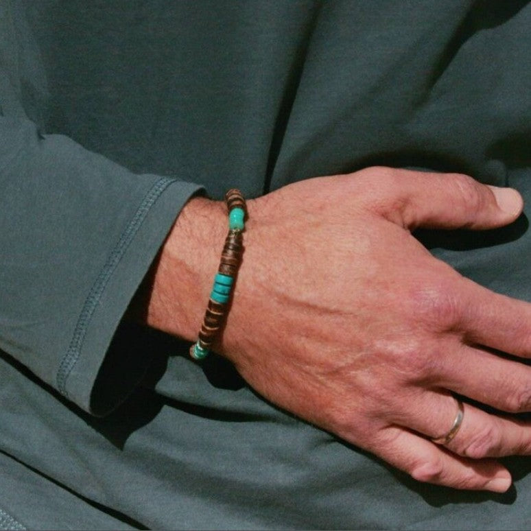 Hip-hop Geometric Round Wood Turquoise Beaded Bracelet for Men and Women