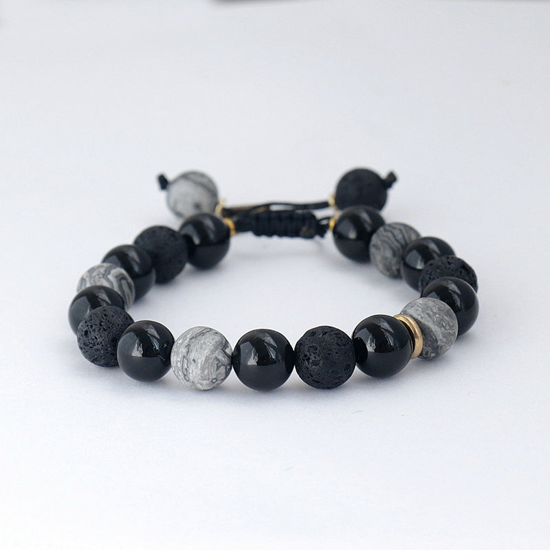 Men's Matte Black Obsidian and Volcanic Stone Beaded Bracelet Square Round Geometric Unisex Jewelry