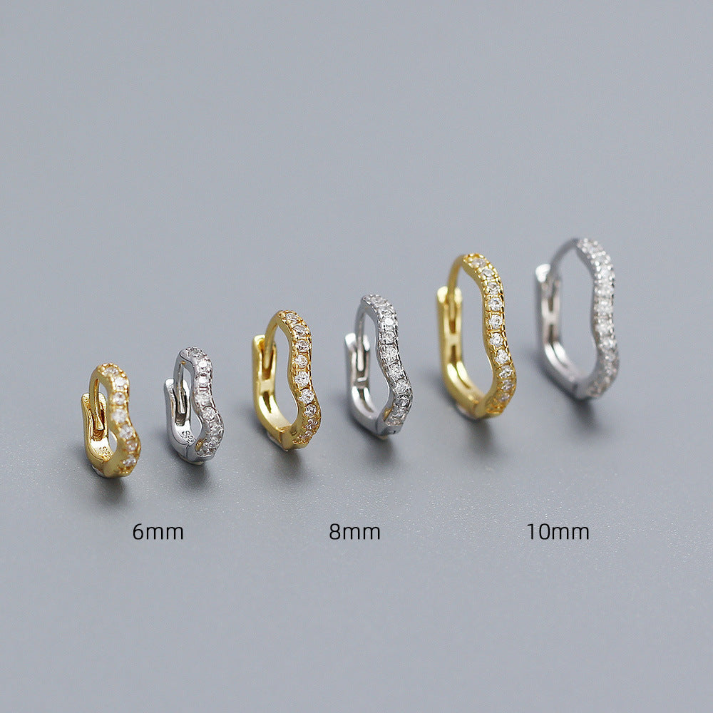 Minimalist Wave-Shaped S925 Sterling Silver Stud Earrings with Rhinestone Inlay for Women