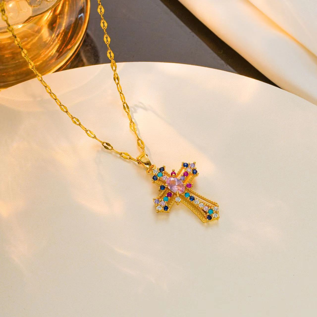 Minimalist Cross Pendant Necklace in Titanium Steel with Plated Finish for Women