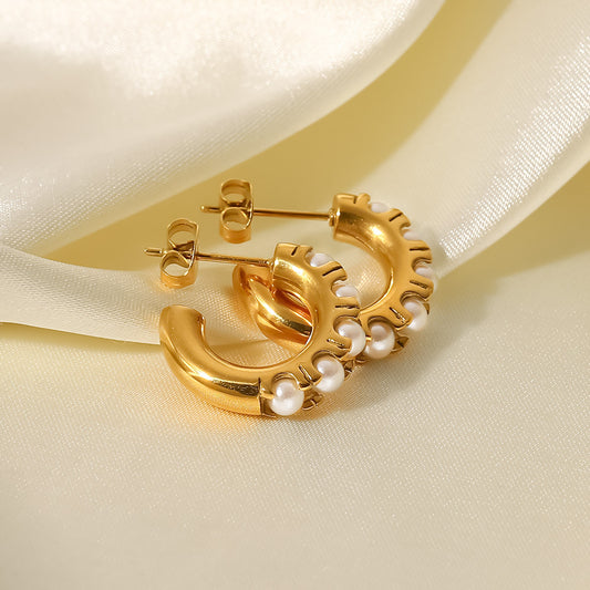 Orecchini da donna in acciaio al titanio con placcatura in oro 18 carati e intarsio di perle, ispirati a INS, dal design geometrico