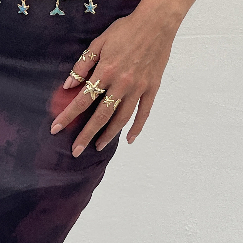 Anello aperto in lega vintage da donna con girasole geometrico e stella, con finitura placcata