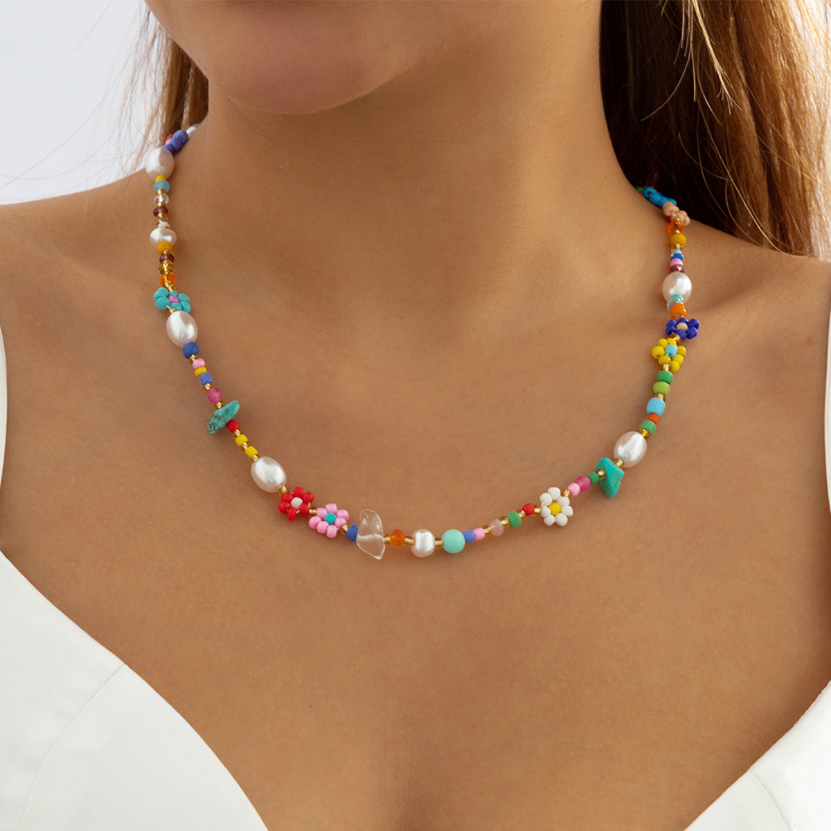 Vintage Sweet Floral Resin Turquoise Pearl Ball Chain Necklace for Women