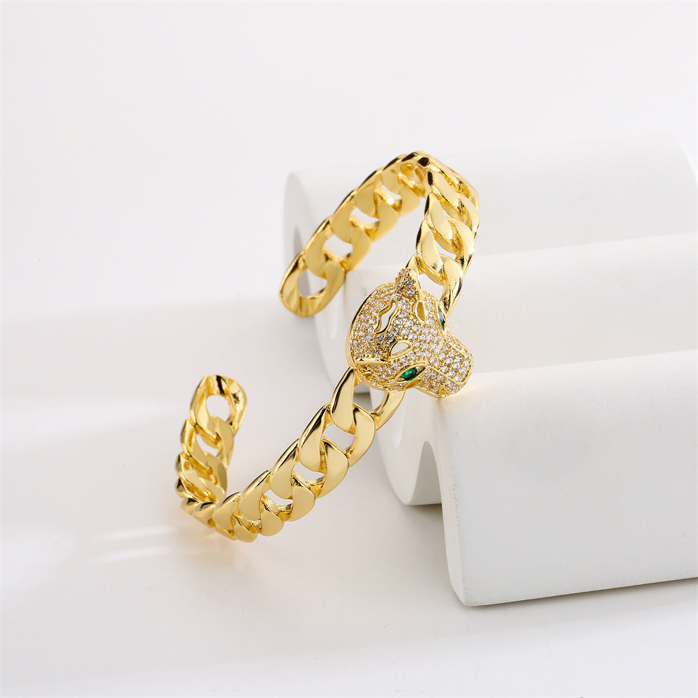 Minimalist Leopard Head Open Bangle Bracelet for Women in Copper with 18K Gold Plating and Enamel Finish