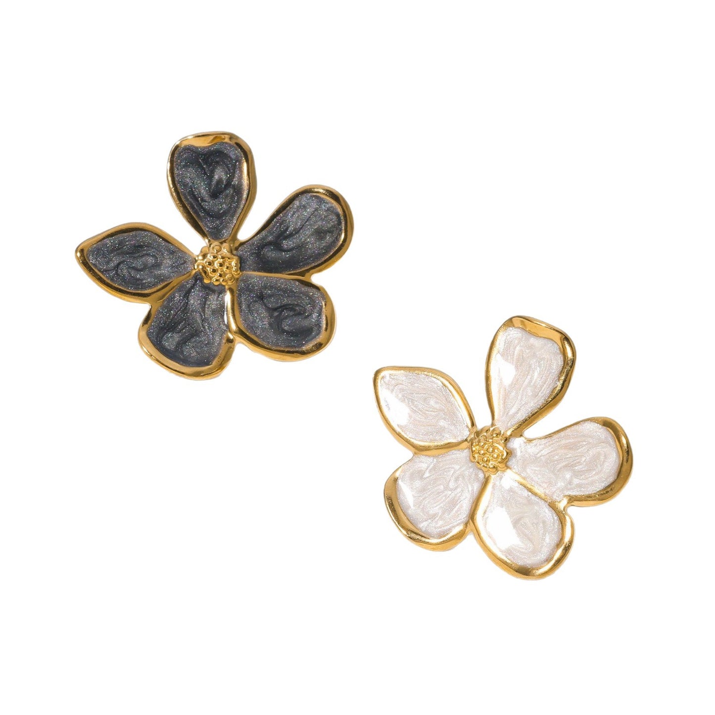 Vintage French-Style Stainless Steel Ring with Enamel Five-Petal Floral Design for Women, Minimalist Adjustable Open Band