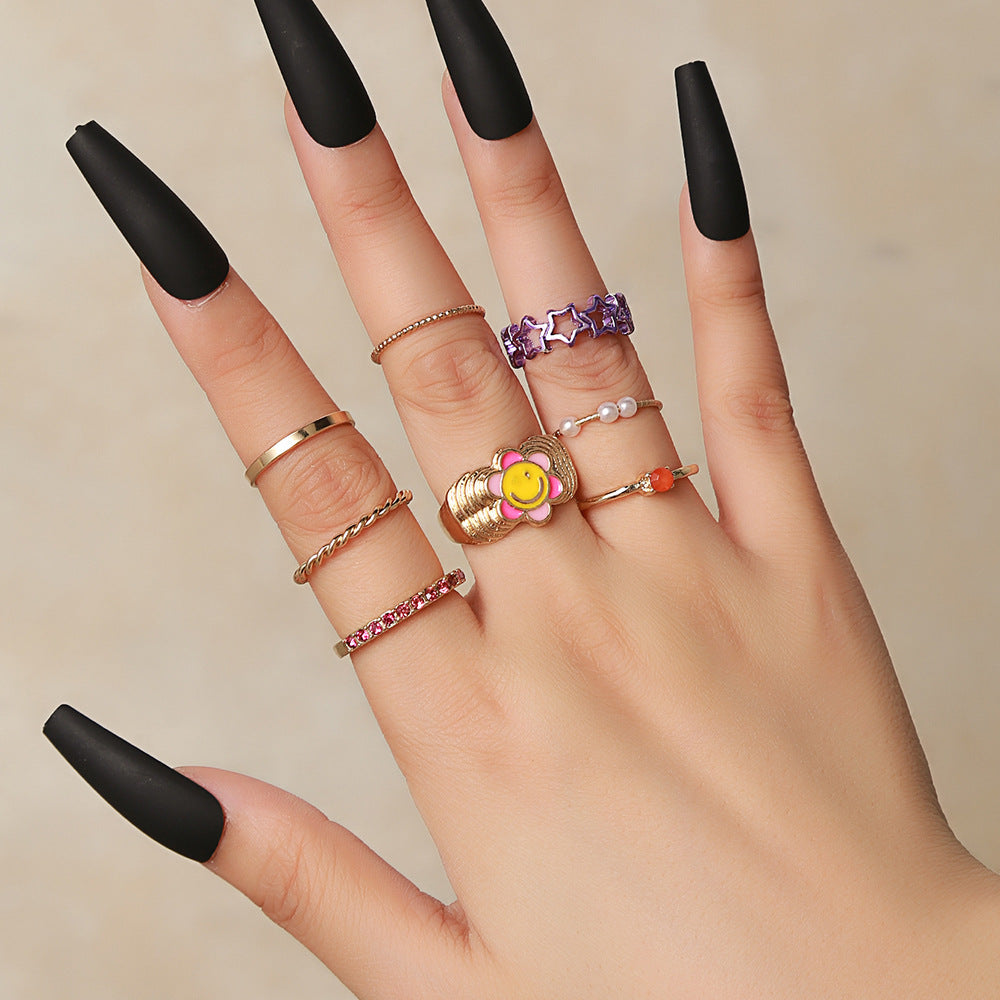 Sweet Geometric Alloy Ring Set with Drip Oil Smile Face, Crystal and Pearl Inlay