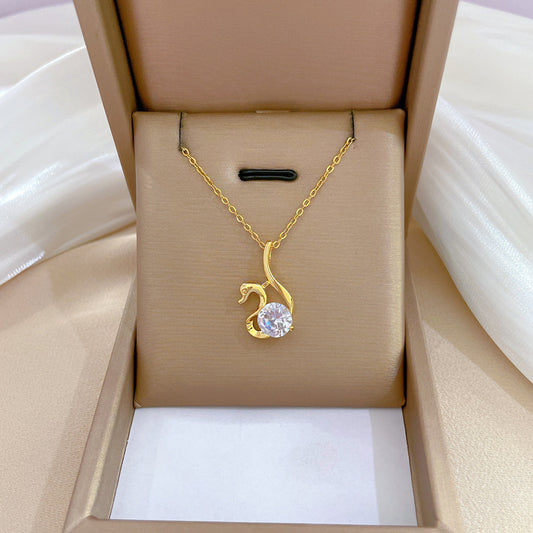 Collar con colgante de cisne de titanio y acero de lujo minimalista con incrustaciones de diamantes de imitación para mujer, cadena geométrica con medallón