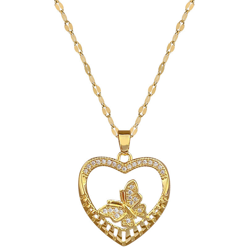 Collana con ciondolo a farfalla minimalista a cuore vuoto per donna in acciaio inossidabile delicata catena per clavicola con accenti di strass