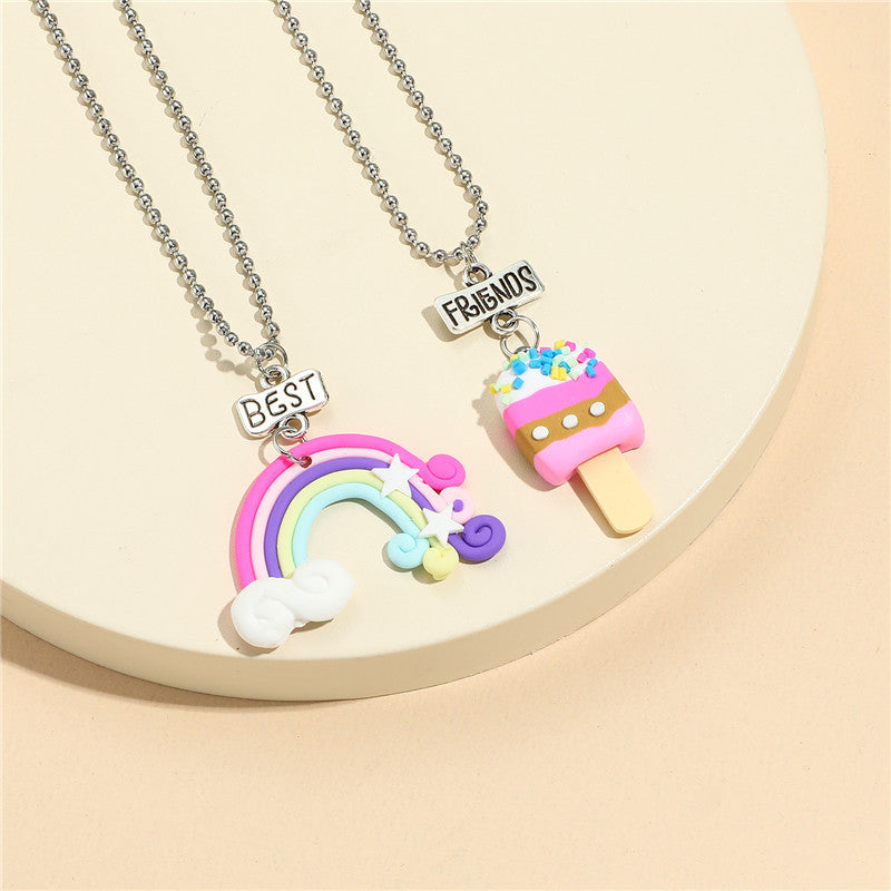Collana con ciondolo a forma di gelato arcobaleno a cartoni animati per bambini, fatta a mano in argilla polimerica con catenina di perline