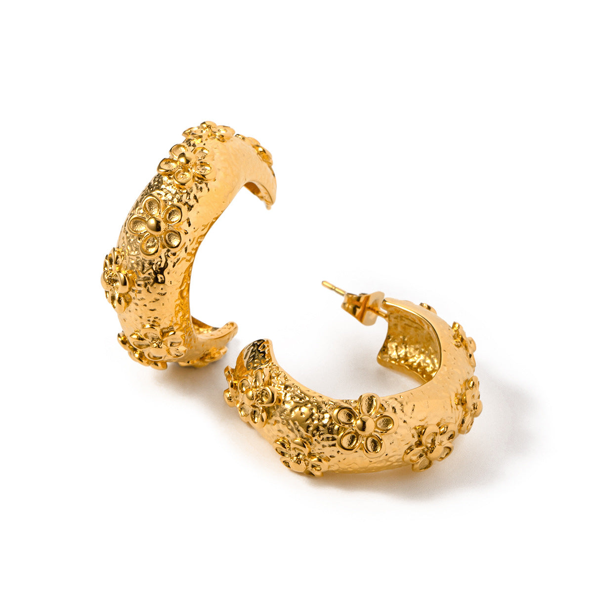 Vintage Bohemian 18K Gold Plated Hammered Flower C-Shaped Stainless Steel Earrings for Women