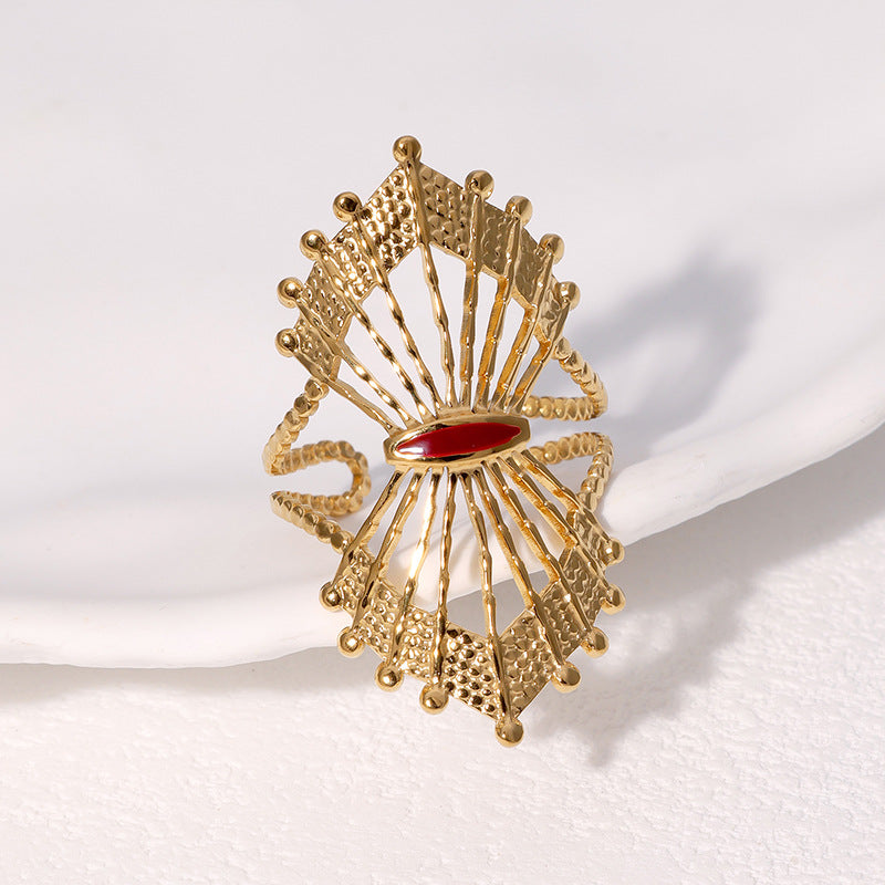 Vintage Geometric Fan-Shaped Hollow Stainless Steel Adjustable Open Ring for Women with Gold Plating