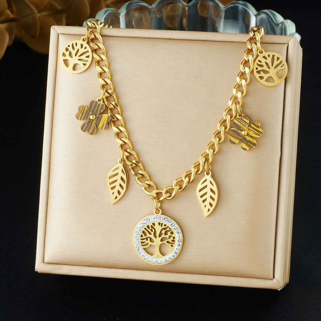 Elegant Gold Plated Rhinestone Round Tree Leaf Hollow Pendant Serpentine Chain Stainless Steel Jewelry Set for Women