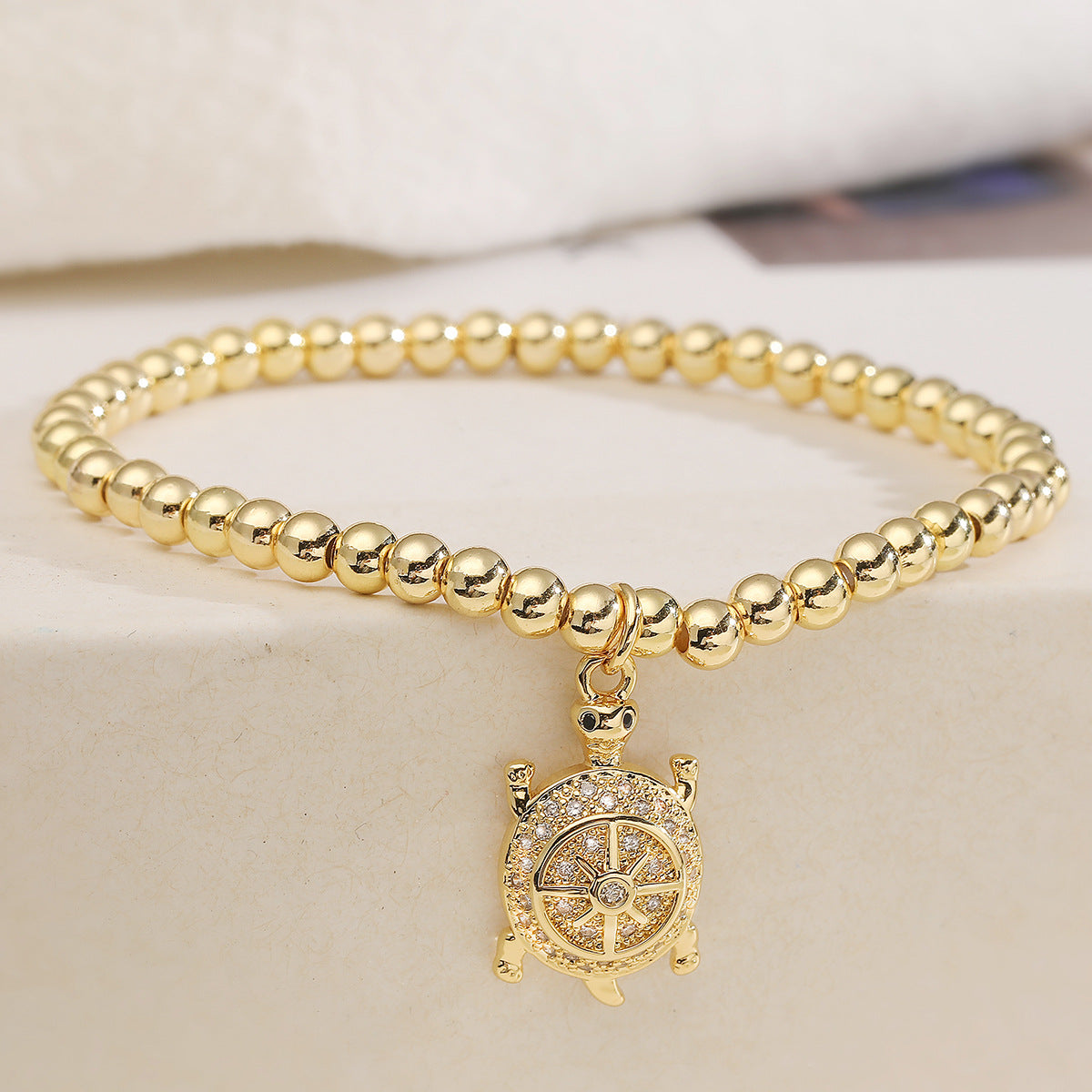 Fashion Cute 18K Gold Plated Cubic Zirconia Turtle Animal Brass Ball Chain Bracelet for Women