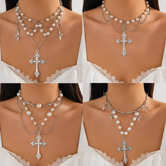 Minimalist Punk Cross Pearl Beaded Pendant Necklace Zinc Alloy Plated Women's Jewelry