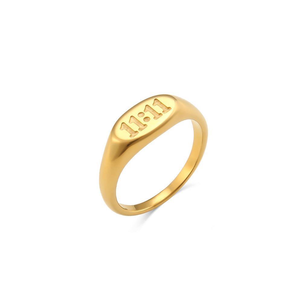 Anillo ovalado de acero inoxidable chapado en oro de 18 quilates minimalista para mujer con diseño numérico 11:11