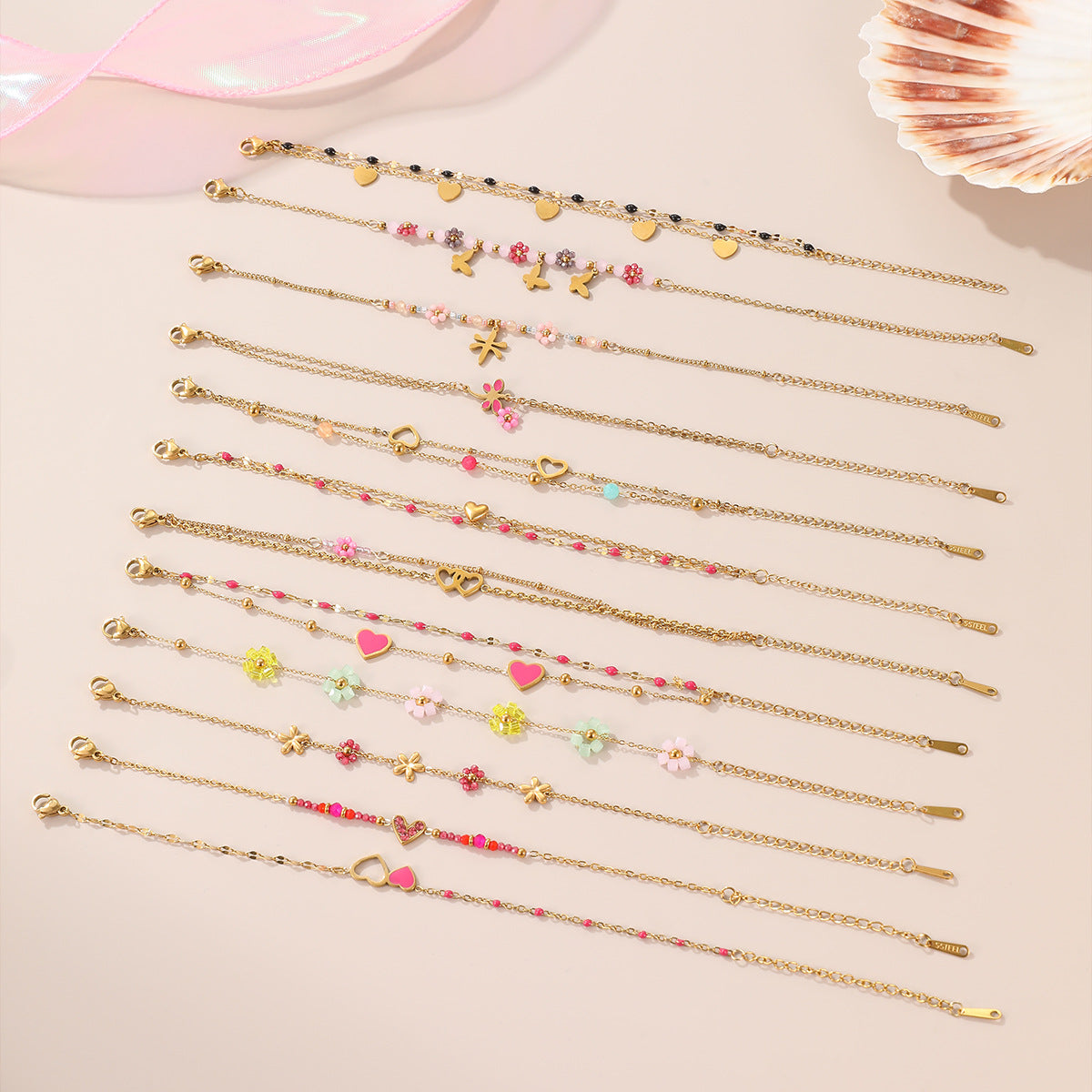 Fashionable OL Style Geometric Enamel Beaded Flower Bracelet for Women in Titanium Steel with Plated Finish