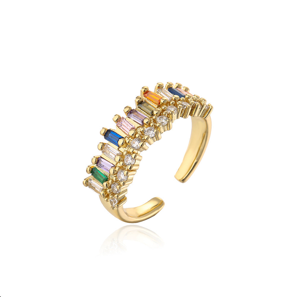 Geometric Open Ring in Copper with 18K Gold Plating and Rainbow Zircon Inlay for Women