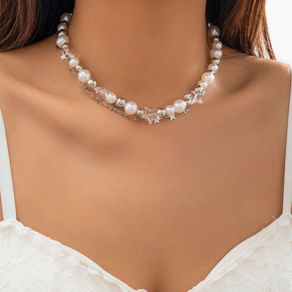 Collana rustica a stella con perline per donna con ciondolo di perle finte su catena a sfere
