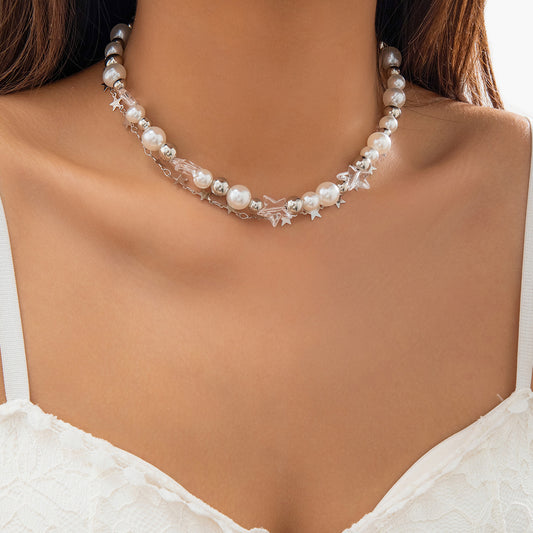 Collana rustica a stella con perline per donna con ciondolo di perle finte su catena a sfere