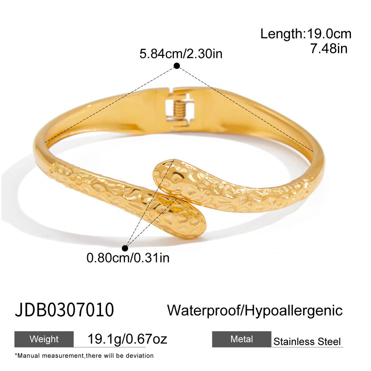Bracciale rigido da donna in acciaio inossidabile placcato oro 18 carati, modello Fashion geometrico martellato