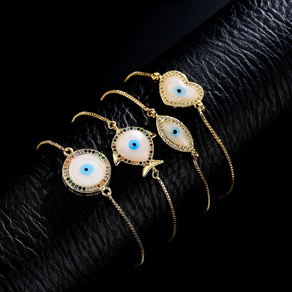 Minimalist Geometric Evil Eye Bracelet Copper 18K Gold Plated Rhinestone Enamel Adjustable Women Jewelry
