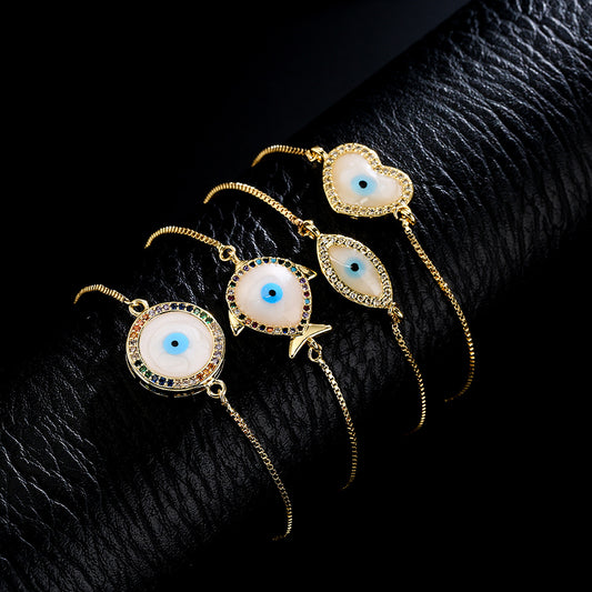 Pulsera Minimalista de Ojo Turco Geométrico de Cobre Chapado en Oro de 18K con Diamantes de Imitación y Esmalte Ajustable para Mujer