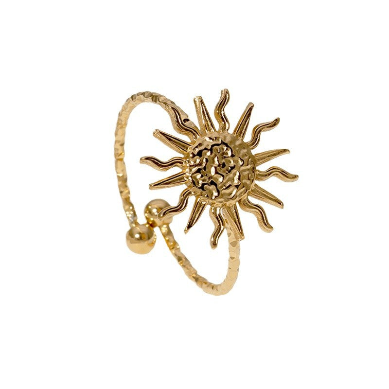 Anello aperto minimalista da donna in acciaio inossidabile a forma di sole con finitura galvanica