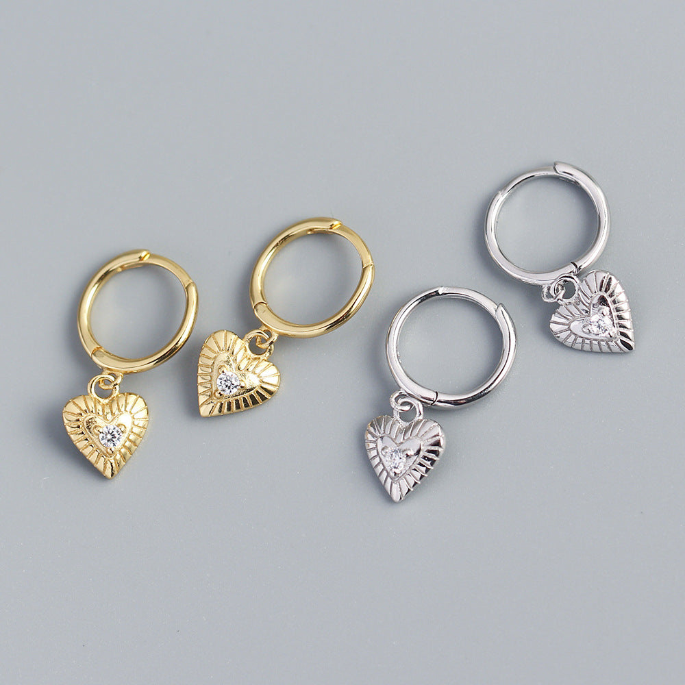 Minimalist Heart-Shaped S925 Sterling Silver Stud Earrings with Rhinestone Inlay for Women