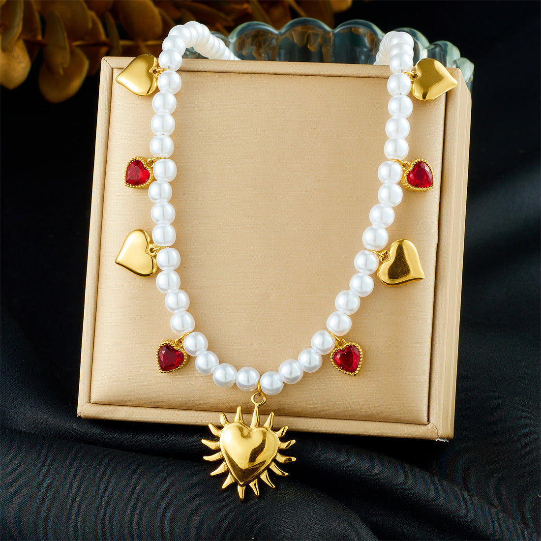 Vintage Elegant Heart Bow Stainless Steel Plated Pearl Ball Chain Necklace for Women