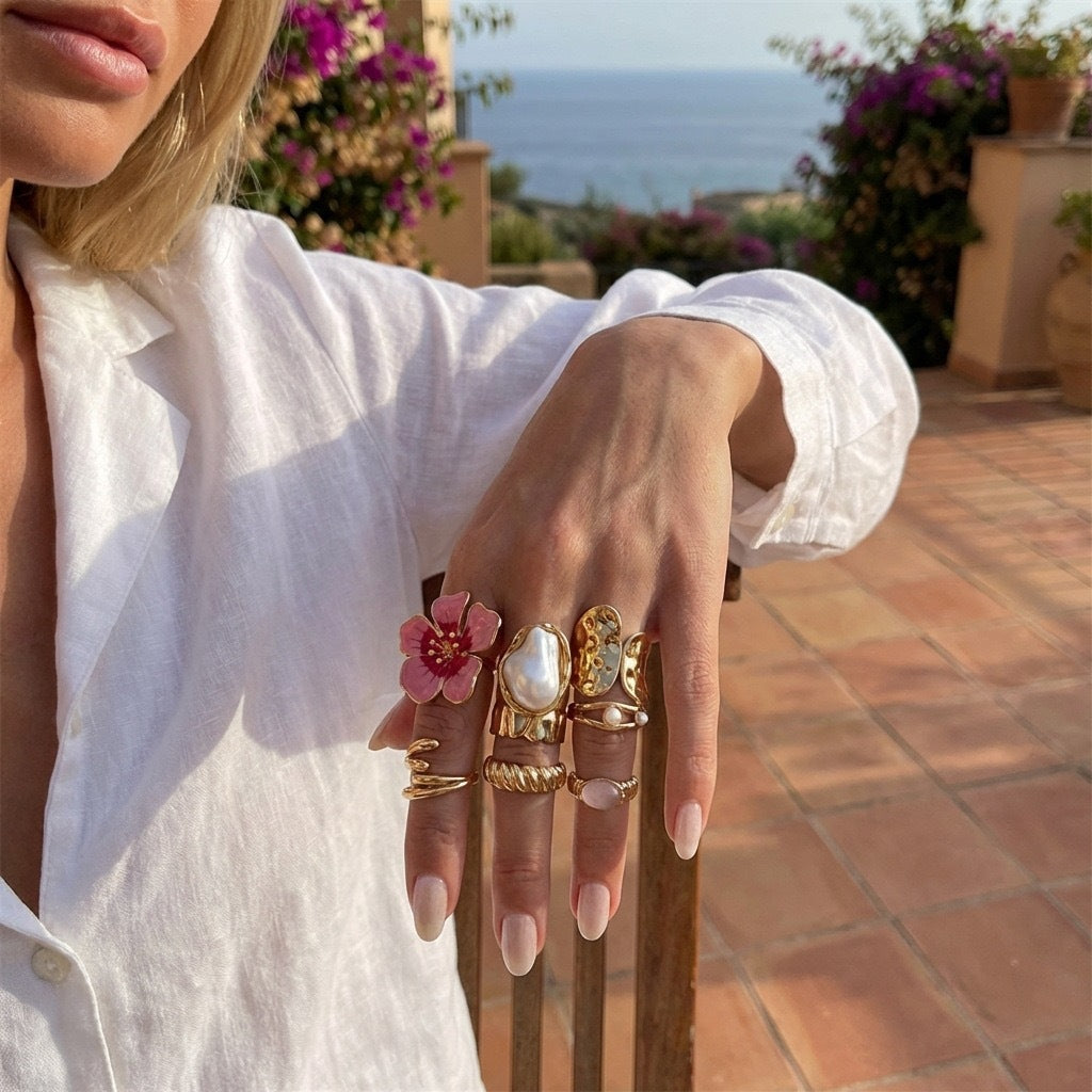 Sweet Pink Floral Irregular Adjustable Ring Set for Women