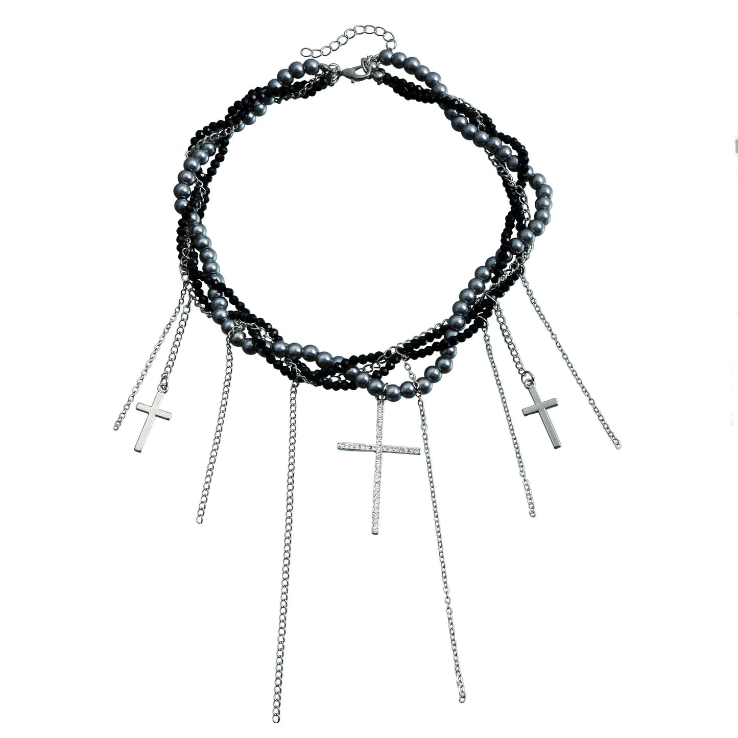 Fashionable Cross Pendant Necklace with Tassel and Glass Beads on Delicate Alloy Locket Chain for Women