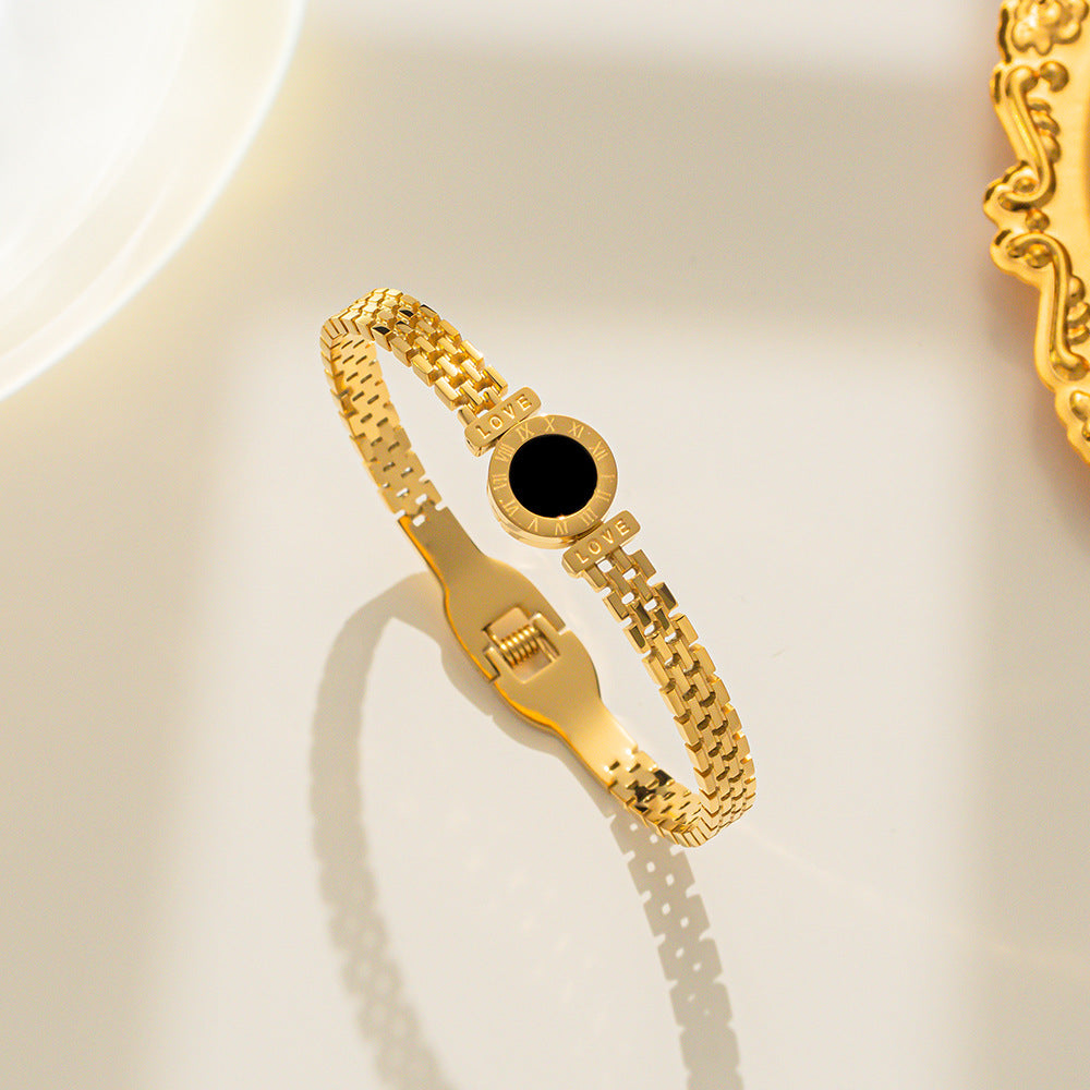 Pulsera de acero inoxidable con disco redondo negro y concha negra con números romanos huecos de Fashion-Commuter para mujer, chapada en acero de titanio