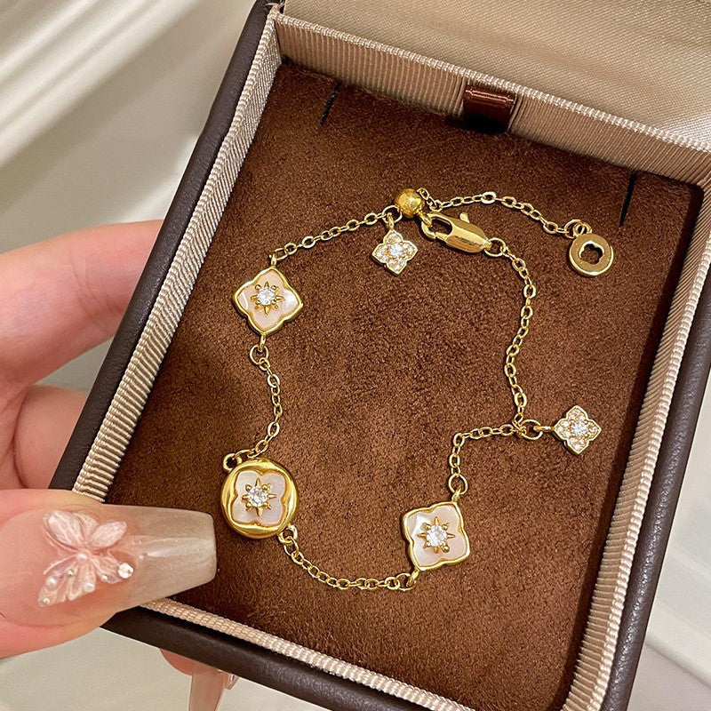 Elegant Geometric Floral Bracelet for Women in Plated Copper with Rhinestone Accents, Minimalist Office Style Hand Jewelry