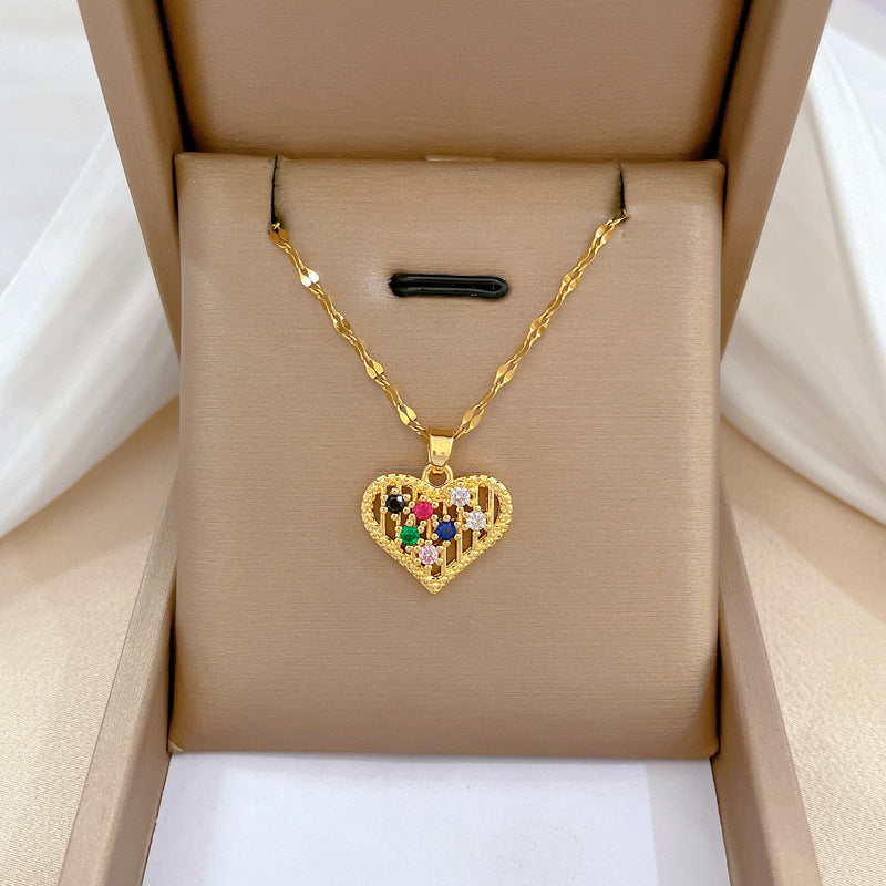 Four-Leaf Clover Rhinestone Pendant Necklace for Women Titanium Steel Irregular Chain Shell Locket Floral Style