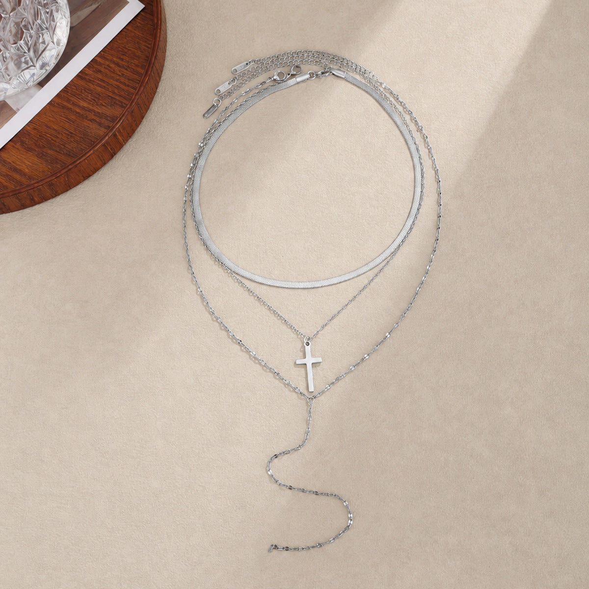 Vintage Stainless Steel Cross Pendant Necklace Flat Snake Chain Layered Choker for Women