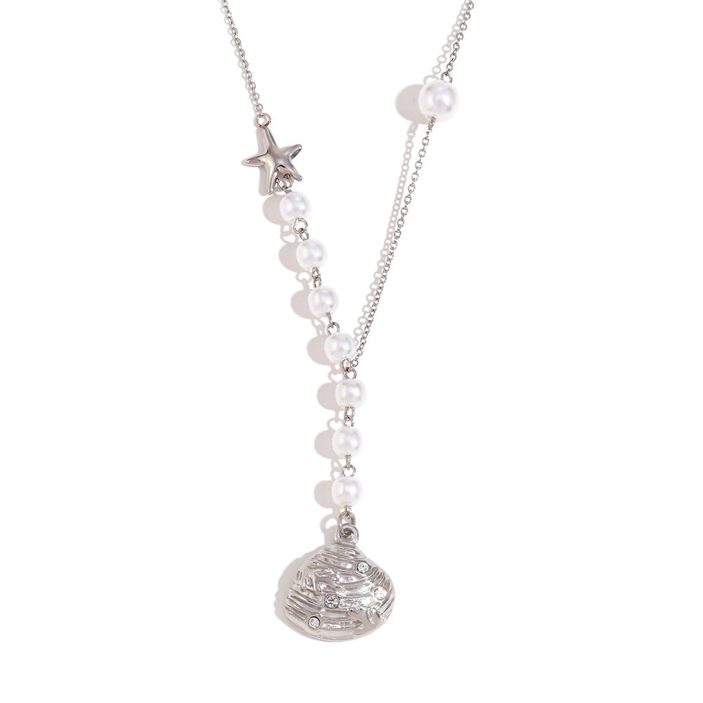 Vintage-Inspired Asymmetrical Seashell Pendant Necklace for Women in Stainless Steel with 18K Gold Plating and Rhinestone Accents