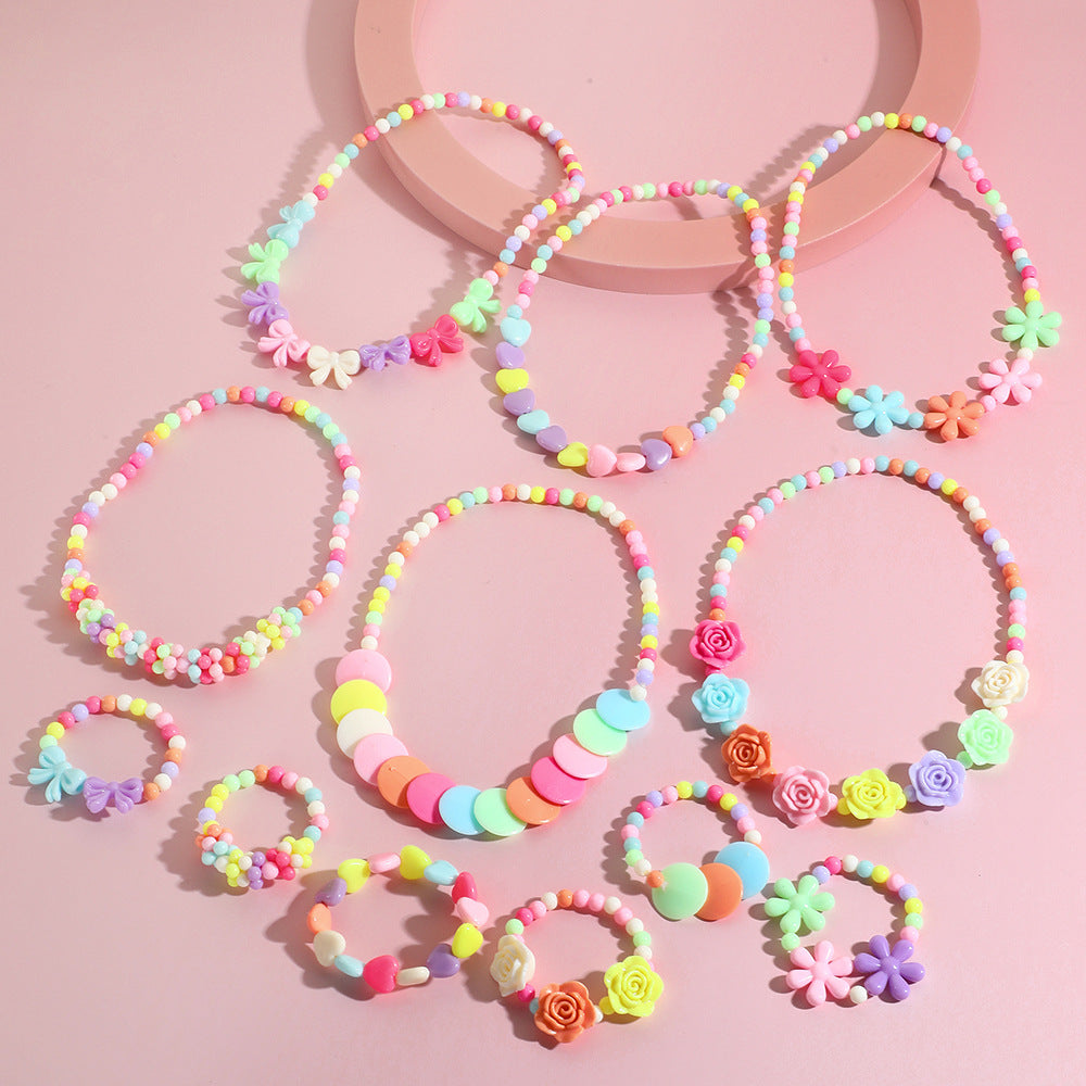 Set di collana e bracciale per bambini con perline, ciondoli a fiocco e fiore, fatti a mano in resina, per bambini da 0 a 10 anni