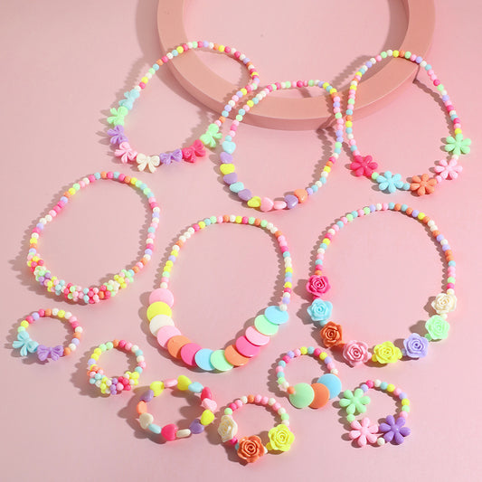Cute Children's Beaded Necklace Set with Bow and Flower Charms, Handmade Resin Bracelet and Necklace for Kids Ages 0-10 Years