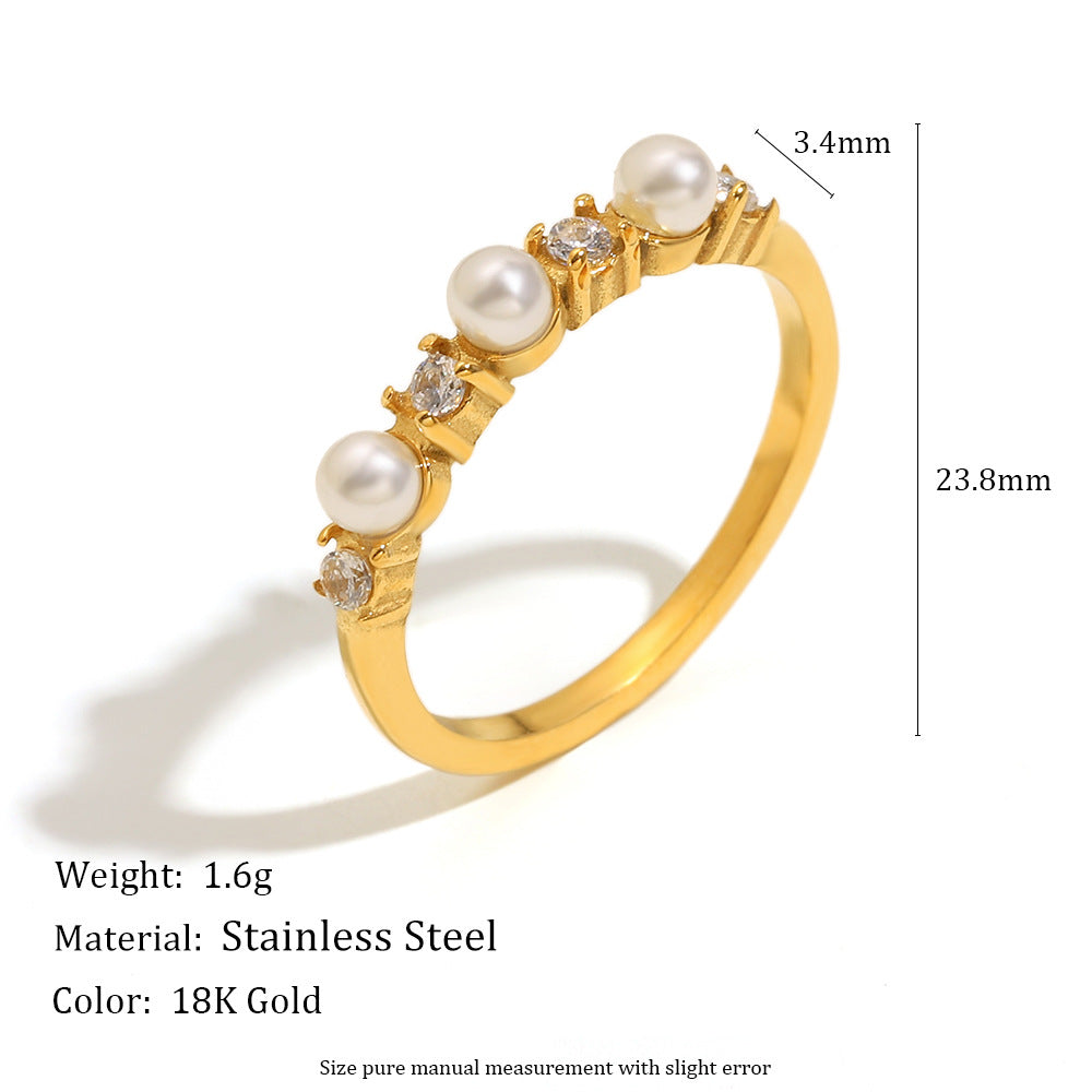 Minimalist Geometric Stainless Steel Plated 18K Gold Ring with Simulated Pearl and Zirconia for Women