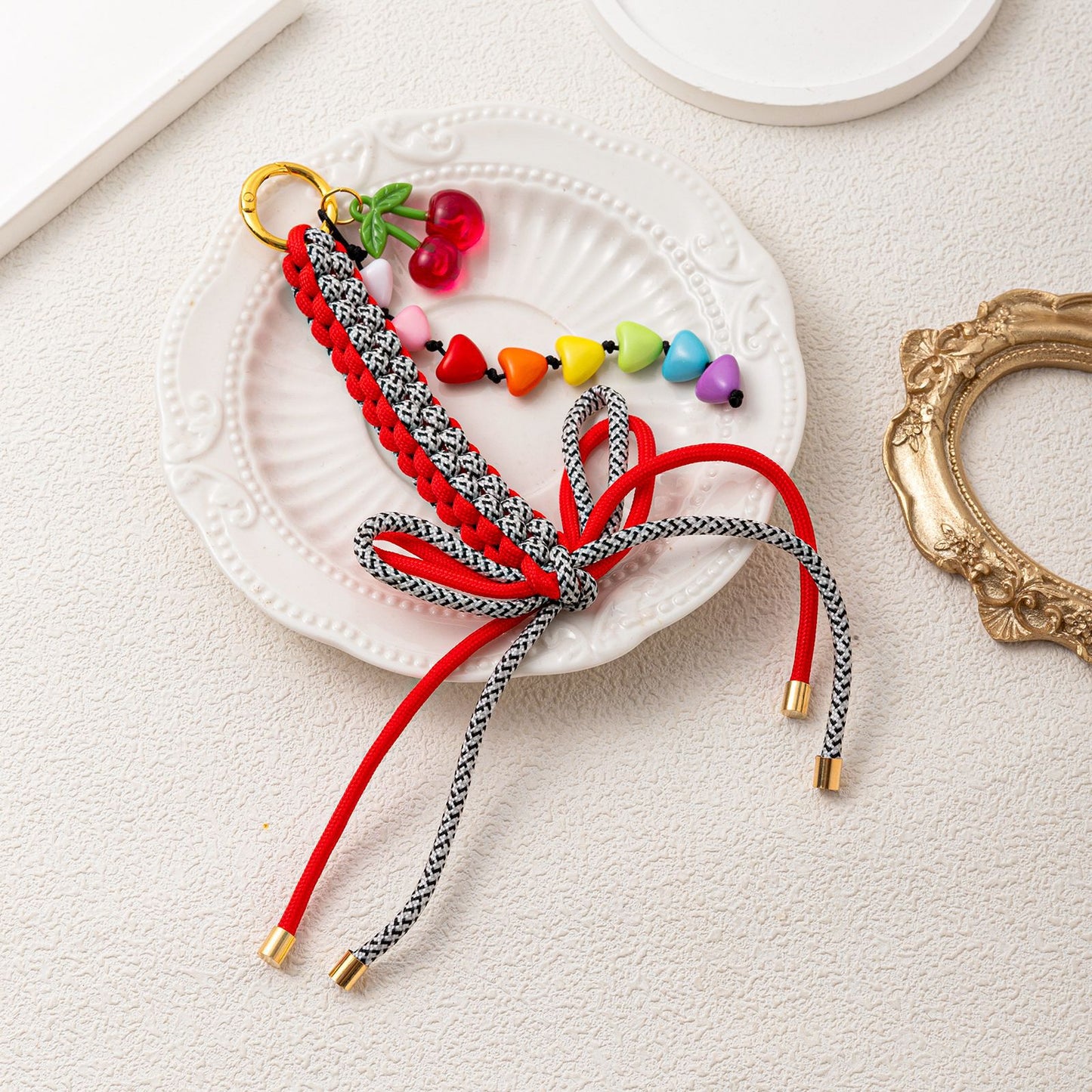 Minimalist Colorful Dopamine Alloy Crochet Keychain with Heart Teardrop Bow and Cherry Pendant