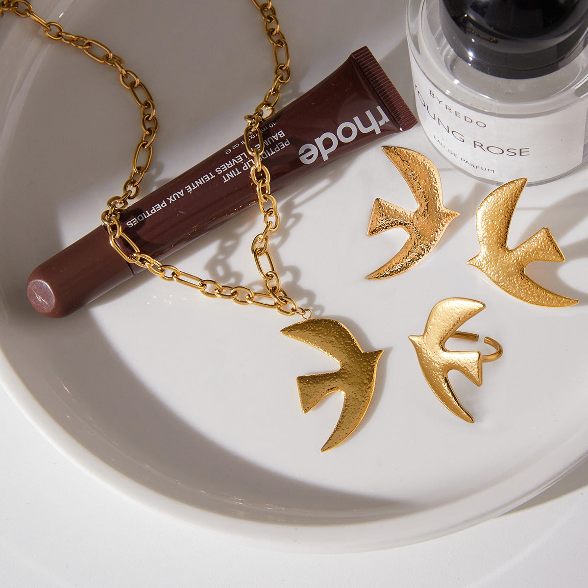 Elegant Stainless Steel PVD Plated Dove Pendant Necklace and Earring Set for Women