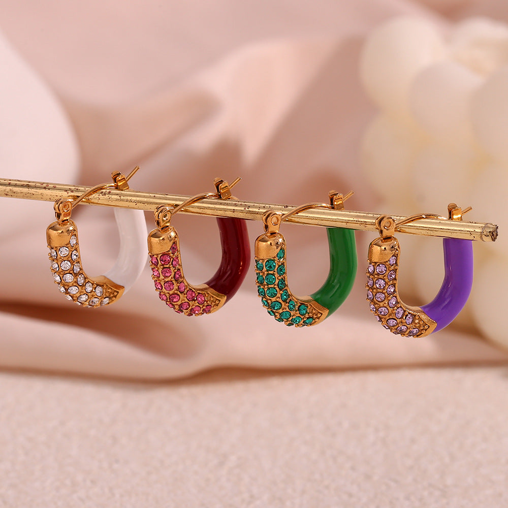 Fashionable Minimalist U-Shaped Stainless Steel Gold-Plated Ear Rings with Micro-Pave Zirconia and Enamel Finish for Women