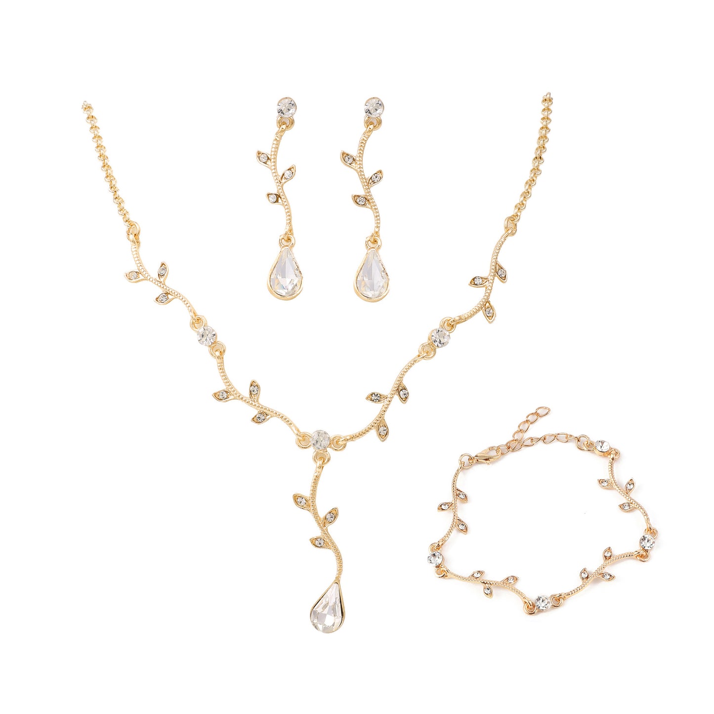 Minimalist Leaf and Teardrop Pendant Necklace Set with Rhinestone Inlay, Alloy Base, Plated Finish, O-Chain, for Women