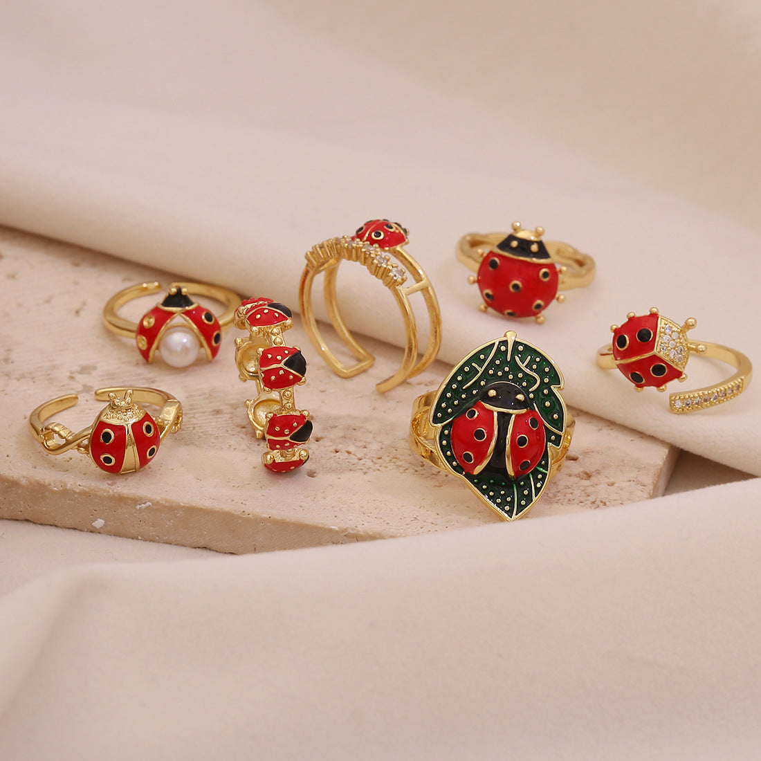 Cute Ladybug Ring in Copper with Enamel Finish for Women, Insect-Shaped Vintage-Inspired Jewelry