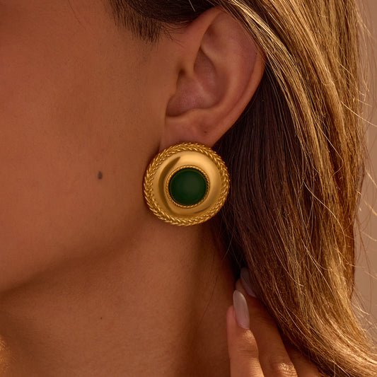 Minimalist Geometric Stainless Steel Earrings with Polished Green Agate Discs French Hook Style Luxury Fashion Jewelry for Women